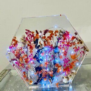 Hexagon Resin Flower Block | Real Dried Floral Art | Handmade Botanical Decor |